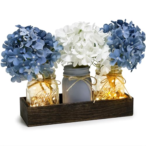 Nagobi Mason Jar Centerpiece Table Decor for Dining Room Farmhouse Coffee Table Decor with Wood Tray Fairy Lights Fake Flowers for Kitchen Living Dining Room - Blue White, 11 inches