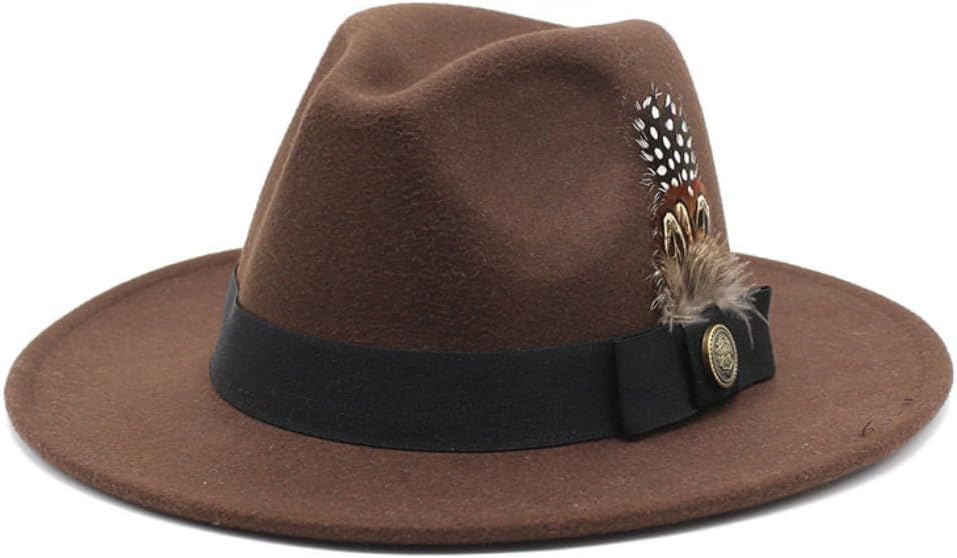 Classic Felt Fedora Hat, 2-Inch Wide Brim, 5-Inch Crown Height, Beige with Black Band and Feather