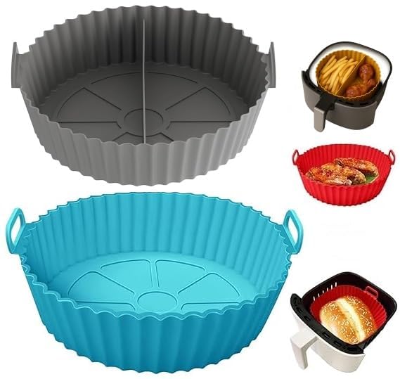 Air Fryer Liners I Round Silicone Basket Baking Tray I Pot with Ear Handles I Nonstick Reusable Heat Resistant I Cooking Oven Insert Accessories - Multicolor (8 inch, Pack of 2)