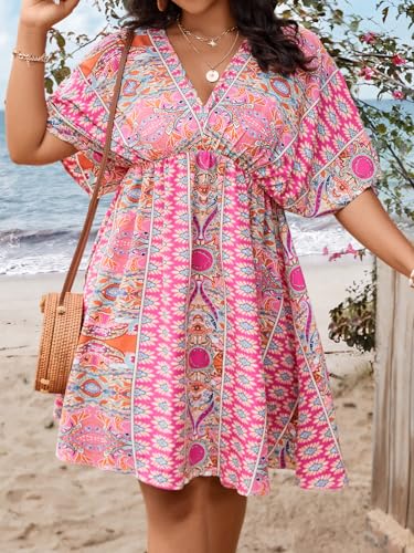 Floerns Women's Plus Size Wrap V Neck Short Sleeve Ruffle Hem A Line Short Dress4