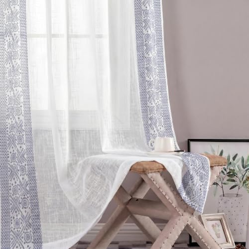 Image of LINENWALAS Decorative Cotton Linen Sheer Curtains 6 Feet for Window -Block Printed Door Curtain | Grommet Hanging Style Pack of 2 Panels |Light Filtering Sheer Drapes (Navy Bandhani)