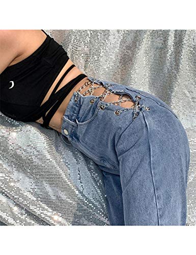 xxxiticat Women's Chain Lace Up Denim Pants High Waist Slim Fit Skinny Bandage Cutout Hollow Out Jeans Trousers3