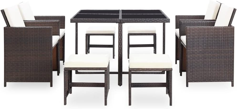 All components of the INLIFE 9-piece dining set laid out, including the table, four chairs, and four stools with cushions.