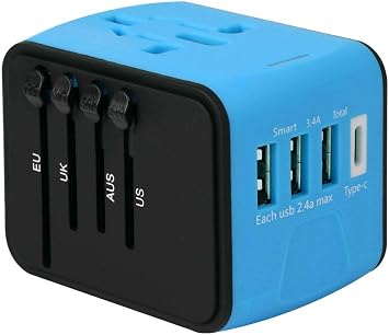 International Travel Adapter, All in One Universal Power Adapter USA to Europe, Germany, England, Australia, China,150 Countries 3usb+Type C Blue