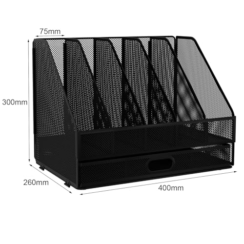 EasyPAG Desktop Metal A4 Magazine File Holder Mesh Desk Tidy Office Literature Document Ring Binder Paper Organiser Filing Rack with Drawer,5 Compartments,Black - Image 2
