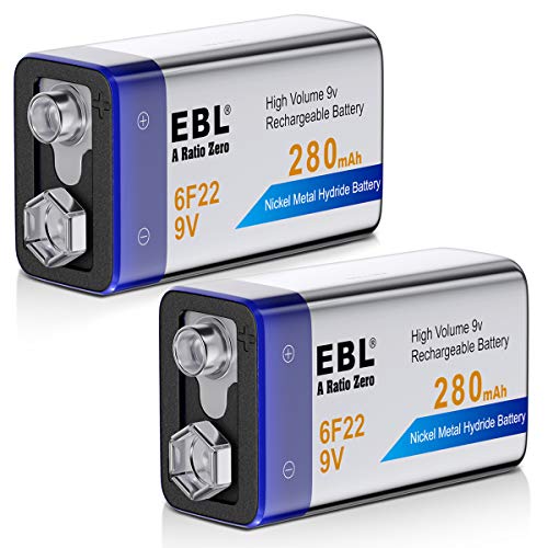 EBL 2 Pack 280mAh High Capacity 9V Rechargeable Batteries [Home Basic Series]