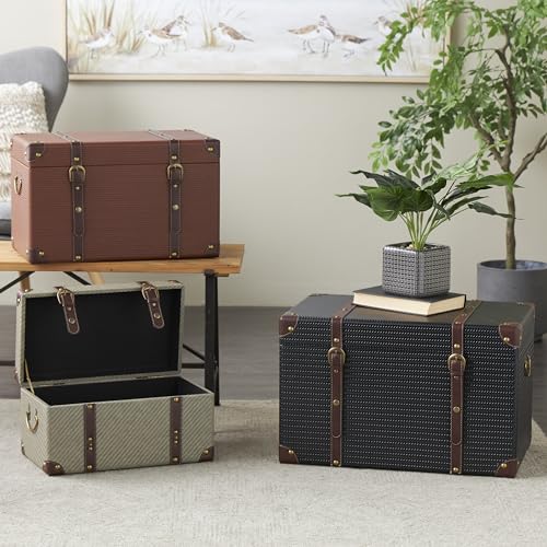 Image of Deco 79 Wooden Decorative Trunk Vintage Studded Woven Storage Decorative Large Boxes with Brown Buckle Straps, Set of 3 Storage Trunks 24 inch, 21 inch, 18 inchH, Multi Colored
