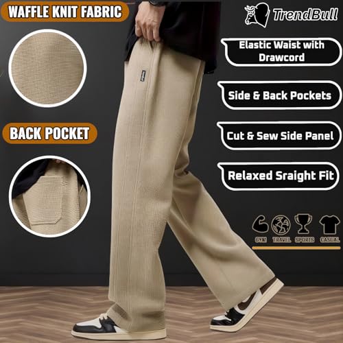 Image of Men's Waffle Knit Track Pants | Relaxed Straight Fit Joggers for Men | Elastic Waist Drawcord | Side & Back Pockets | Casual Gym Running Track Pant