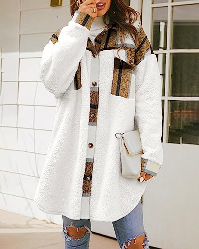 FSHAOES Womens Winter Coats Fuzzy Fleece Jacket Shacket Plaid Lapel Button Down Flannel Shirt Lightweight Outwear3