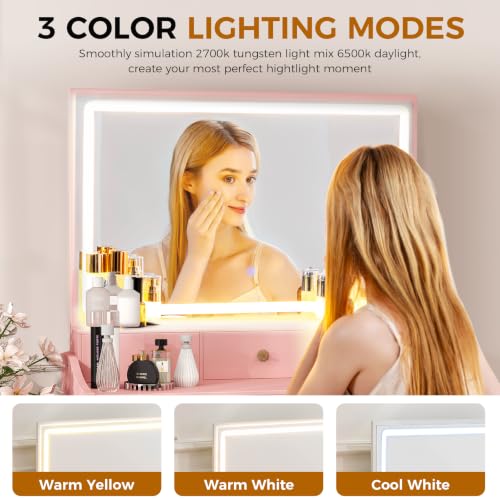 Image of COMHOMA Vanity Desk with LED Lights Mirror & Power Outlet, Small Makeup Vanity Table Set with 5 Storage Drawers, 3 Lighting Modes & Adjustable Brightness, Dressing Table for Women Girls Bedroom, Pink