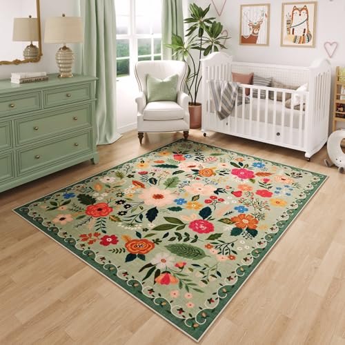 Image of Rugcomf Area Rug 4x6 Rug Washable Boho Rugs Non Slip Low Pile Floral Small Carpet for Bedroom, Bedside, Kids Room, Office, Dining Room(Green)