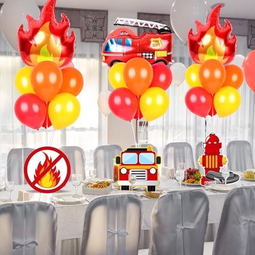 Image of 6 Sets Fire Fighting Party Balloon Stand Kit for Table Red Yellow Balloon Centerpiece Decor Fire Truck Party Balloon Stand Kit for Fireman Theme Birthday Supplies