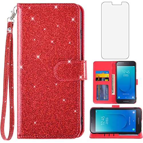 Asuwish Phone Case for Samsung Galaxy J2 Pure J2 Core 2018 2020 J 2 Dash 2J Shine 2019 with Screen Protector and Glitter Wallet Cover Card Holder Slot Gal J2Core J2Dash J2Pure J2Shine Women Men Red
