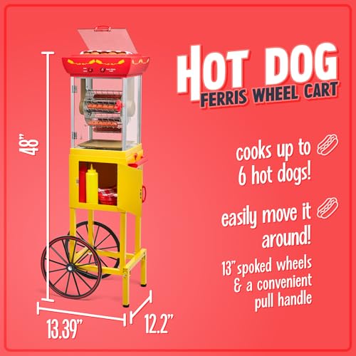Nostalgia Oscar Mayer Hot Dog Ferris Wheel - Retro Style Hot Dog Roller Cart Toaster - Classic 6-Piece Grill Machine with Bun Warmer, Push Handle, Wheels, Transparent Housing, Storage Compartment - Thumbnail 2