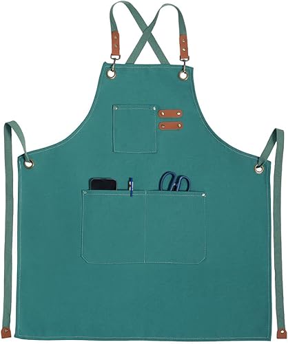 Delantal de chef para mujeres y hombres con bolsillos, delantal de jardinería ajustable de lona de algodón con espalda cruzada