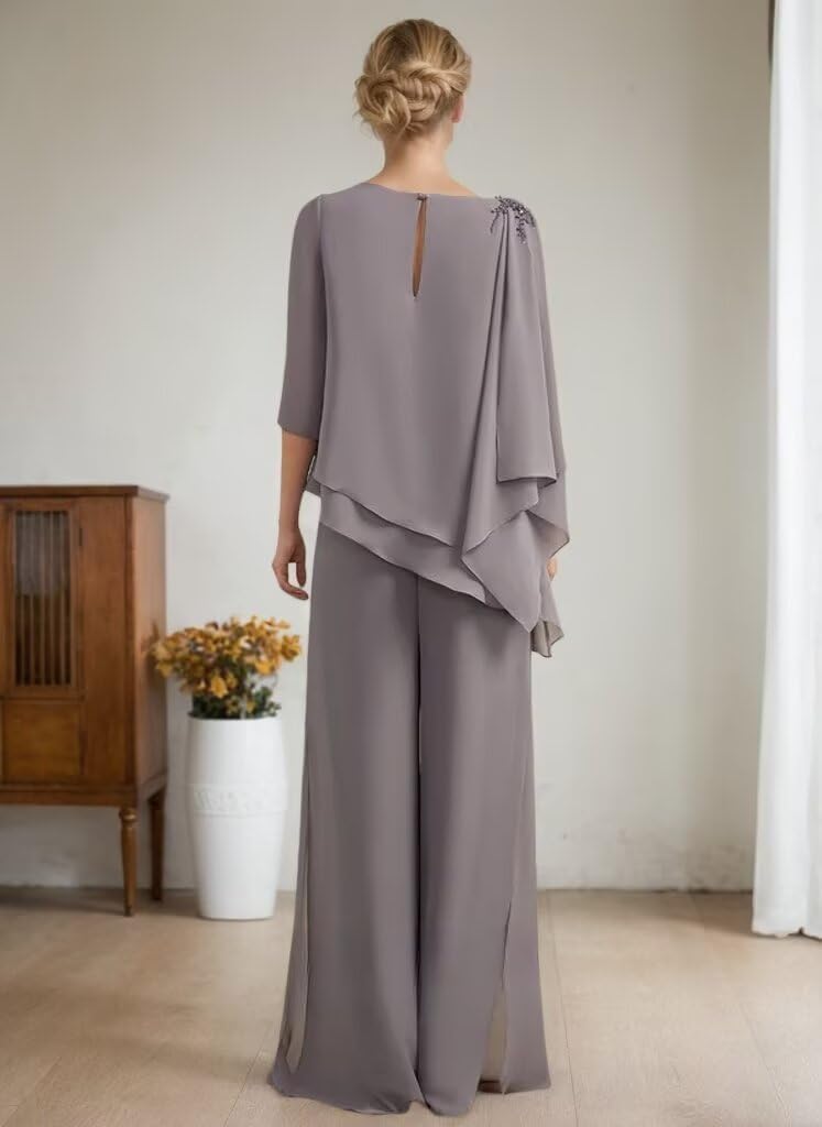 3/4 Sleeves Mother of The Bride Pant Suits for Wedding Lace Appliques Chiffon Long Formal Outfit Sets