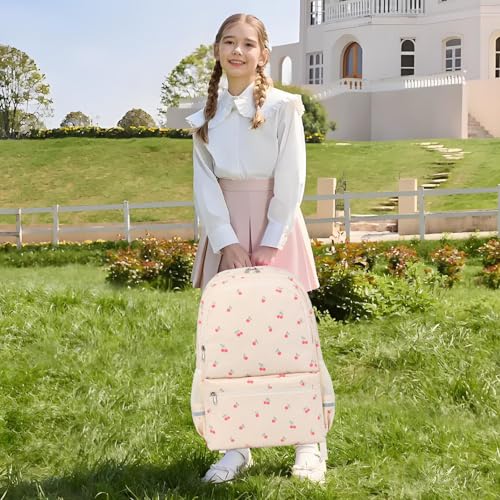 Octsky School Backpack for Teen Girls Cute Corduroy Kids Bookbag with Lunch Box Set, Beige/Cherry2