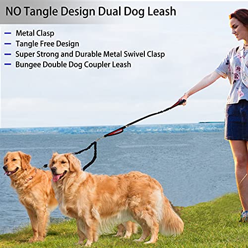Sixbaola Dual Dog Leash, Double Leash For 2 Dogs Tangle Free Two Dogs Leash 360° Swivel No Tangle Bungee Reflective Double Leash For Medium Large Dogs Walking Training (Black+Red) #TOP6