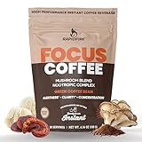 Focus Coffee Mushroom Blend, Nootropic Complex Coffee, Supports Alertness and Clarity, (Lion’s Mane, Cordyceps, Turkey Tail) Green Coffee Bean Instant Coffee for Focus & Gut Health, 30 Servings