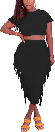 Sexy Summer Two Piece Outfits for Women Bodycon Club Dresses Tassel Ruched Crop Tops Cocktail Party Midi Skirt Set