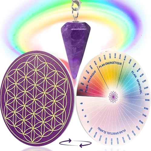 Vibratis Pendule Divinatoire en Améthyste + Fleur de Vie en PVC pour recharger Les Pierres et pendules & Échelle de Bovis - 11,5CM | 100% Fabriqué en France