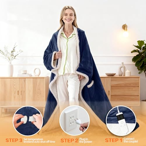 Image of Wearable Heated Blanket With Sleeves & Foot Pocket, Heated Throw Blankets Fast Heating Blanket With 10 Heat Settings Auto Shut Off Over-Heat Protection-Warm Gift, Machine Washable, 52 inch*72 inch+18 inch