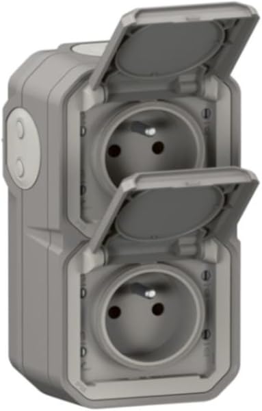 LEGRAND - Prise Etanche Double IP55 avec Terre Plexo - Prise 2P+T 16A Complète avec Volet - Pour Pose en Apparent - Montage Horizontal - Fabriqué En France - Gris - 4