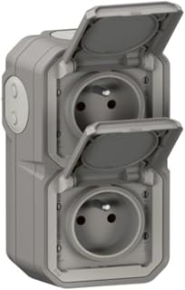 LEGRAND Wasserdichte Doppelsteckdose IP55 mit Erde Plexo – Steckdose 2P + T 16 A komplett mit Klappe – für Aufputzmontage – vertikale Montage – hergestellt in Frankreich – Grau
