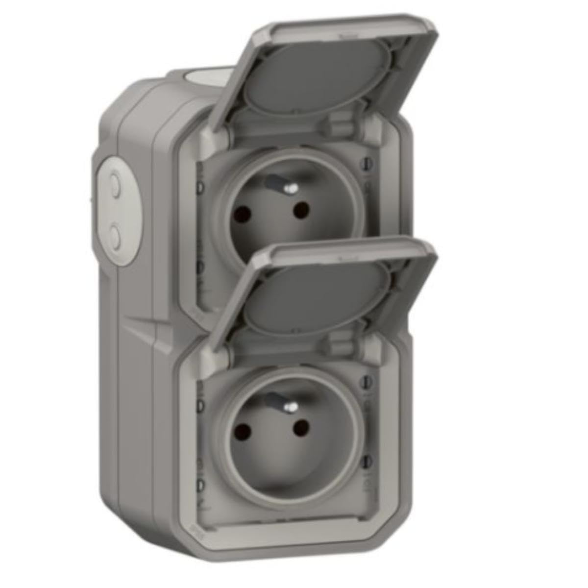 LEGRAND Wasserdichte Doppelsteckdose IP55 mit Erde Plexo – Steckdose 2P + T 16 A komplett mit Klappe – für Aufputzmontage – vertikale Montage – hergestellt in Frankreich – Grau