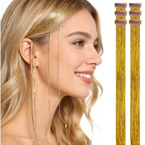 HANDWIG Bronze Gold Clip in Hair Tinsel, 24 Inch 75 Strands Heat Resistant Glitter Hair Extensions,...
