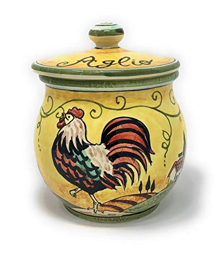 CERAMICHE D'ARTE PARRINI- Italian Ceramic Brings Garlic Jar Holder Hand Painted Decorated Rooster Tuscan Landscape Made in ITALY Tuscan Art Pottery
