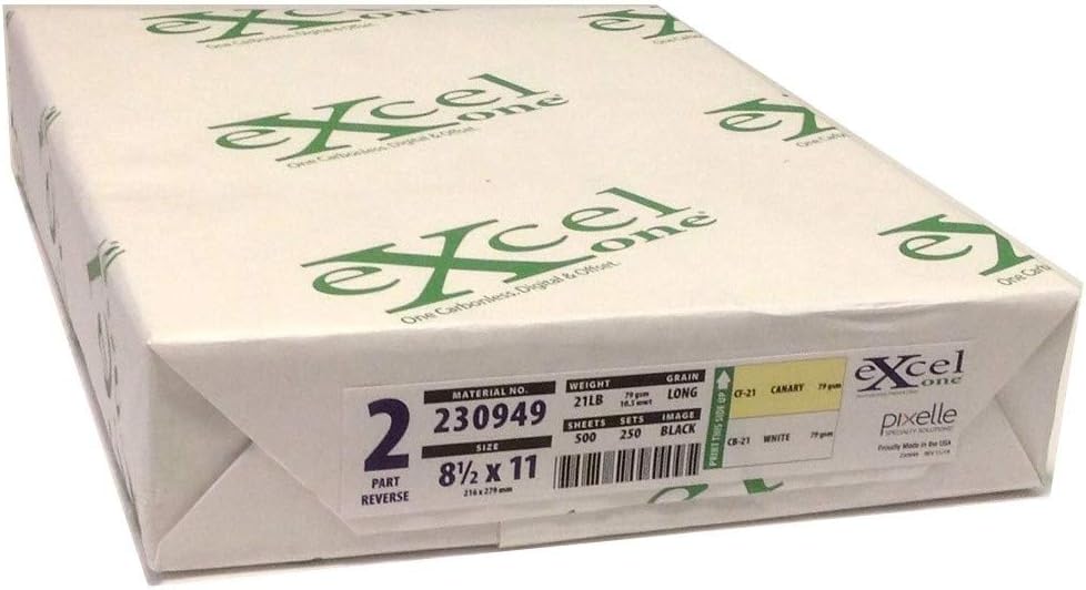 Excel One™ Carbonless 2-Part Reverse Paper (Canary Yellow/Bright White), 8.5" x 11" (230949) - One (1) Ream (250 Sets)