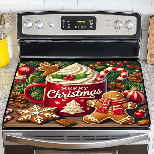 Image of NYZE Christmas Stove Top Cover for Electric Stove,Glass Stove Top Cover,Heat Resistant Glass Cooktop Cover,Stovetop Protector, Kitchen Decor,Dish Drying Mats Cover for Washer Ceramic Top 28.5x20.5 in
