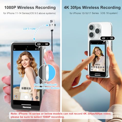 Newmowa Monitor Táctil Magnético para Teléfono Selfie Vlog,con Zoom,Grabación Inalámbrica 1080p,Cámara Trasera para Selfie vlog TikTok,Compatible con iPhone(Grabación 4K30fps Solo para iPhone 15/16/17 - imagen 4