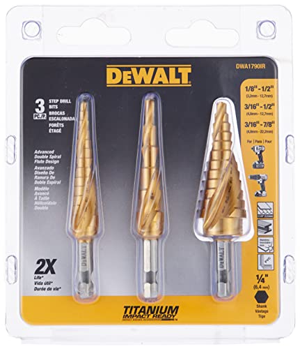 DEWALT Step Drill Bit Set:3 Piece, Titanium Nitride Coated, 31 Hole Sizes, 1/8 in to 7/8 in, 1/4 in Shank Hex Size (DWA1790IR)