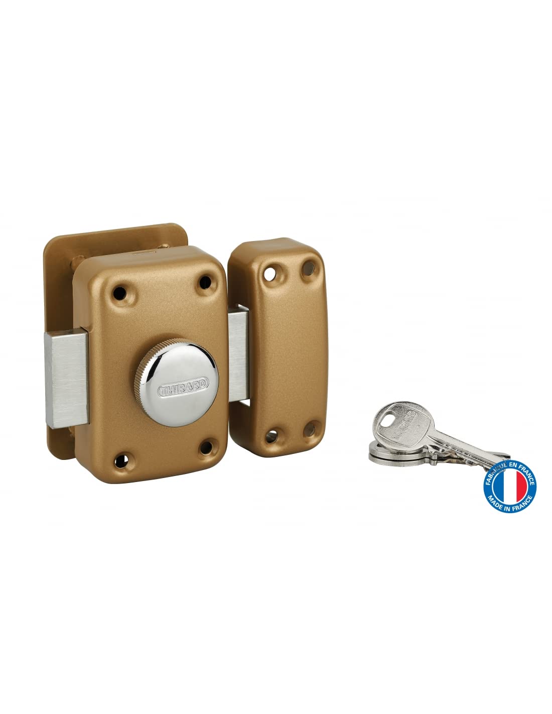 THIRARD - Verrou à Bouton Apache avec Plaque de Renfort - Cylindre Laiton 45 mm - Ø 23 mm - Acier Époxy Or - Sécurité Porte d'Entrée - 3 Clés Crantées - Coffre 90 x 60 mm