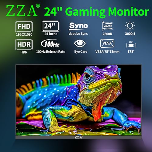 Image of ZZA 24 inch Curved Gaming Monitor - 1080p 100Hz VA, 1ms MPRT, 5ms GTG, 2800R Gentle Curve, FreeSync, Low Blue Light & Flicker-Free, 3-Side Frameless, HDMI VGA, VESA, for PC, Laptop, PS5, Mac & Home Office