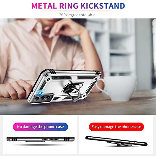Image of Vaki for Samsung Galaxy S22 5G Case with Built in Screen Protector Military Grade Hard Rugged Cover Heavy Duty Armor Galaxy S22 Phone Cases with Metal Ring Kickstand Shockproof Sliver