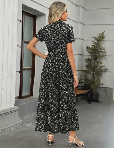 Image of Kranda Women 2026 Summer Collared V Neck Short Sleeve Button Down Chiffon Long Tiered Floral Maxi Dress with Pockets