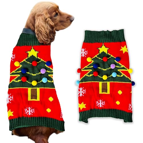 Christmas Dog Jumper Red with Christmas Tree L Winter Sweater Coat for All Breeds and Sizes (S to XXL Dogs) Cute Xmas Clothes for Dogs Puppy Outfit