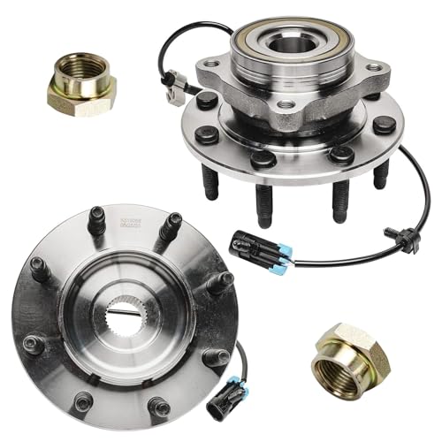 Detroit Axle - 4WD Front Wheel Bearing Hubs Kit for Silverado Sierra 1500 2500 HD 3500 Suburban Yukon XL 2500 Chevrolet GMC Hummer H2 [8 Lugs], 2 Wheel Bearing Hubs 2 CV Axle Nuts Replacement