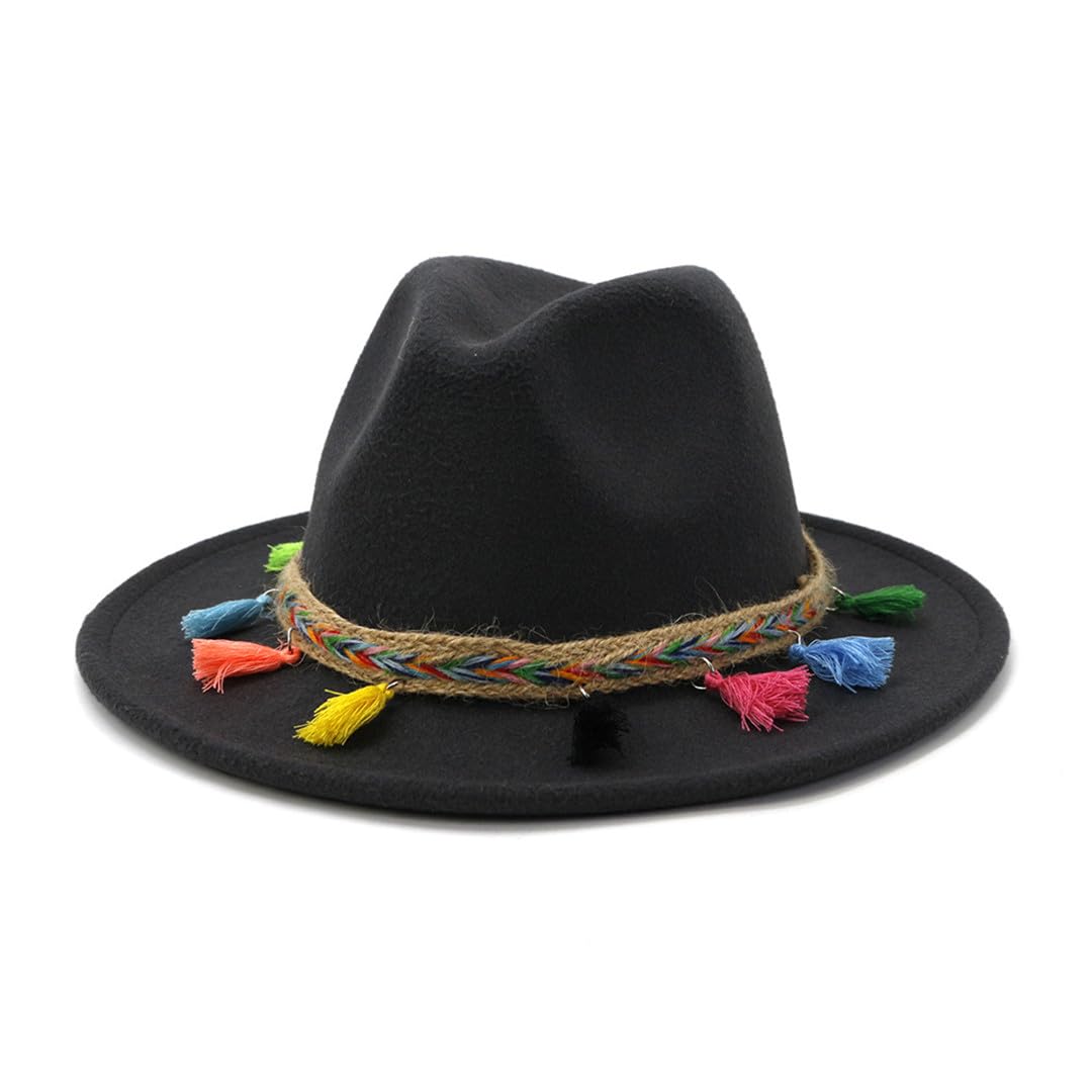 Wvapzxx Kobiety mężczyźni wełniany filcowy kapelusz fedora płaski szeroki daszek kapelusz kościelny kolorowa czapka z frędzlami