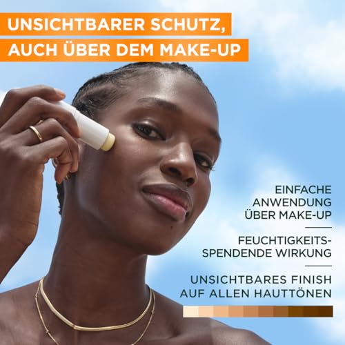 Garnier Ambre Solaire LSF 50+ Super UV Sunstick, transparent & nicht fettend, für Gesicht & Lippen, hoher UV-Schutz, pflegend mit Shea Butter & Vitamin E, 8h Feuchtigkeit, 9g