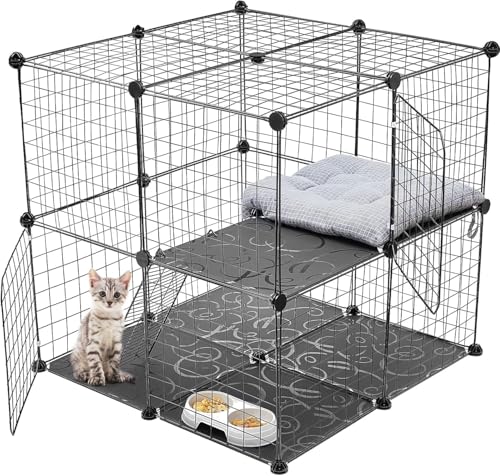 2 Tier Large Cat Cage Crate DIY Pet Playpen Detachable Dense Metal Wire Ferret Cage Indoor Cat Kennels for Kitten Puppy Bunny Exercise (Black 27.56 x 27.56 x 27.56 Inches)
