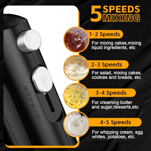 Image of Lord Eagle 5-Speed Small Hand Mixer Electric, 300W Compact Portable, Black | Handheld Kitchen Mixer Egg Beater with 5 Attachments & Storage Bag, Cake Supplies for Bread Dough Baking, Lightweight