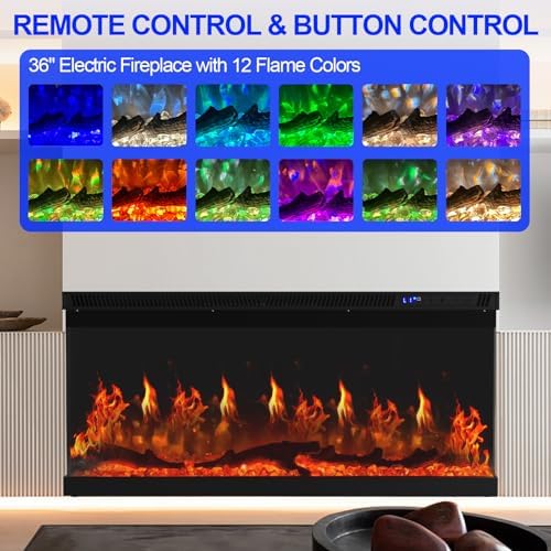 36 inch Electric Fireplace, Modern 3-Sided View Electric Fireplace Inserts, 750/1500W Recessed and Wall Mount Fireplaces with Realistic Adjustable Flame, Remote Control, Timer, Low Noise - Thumbnail 3