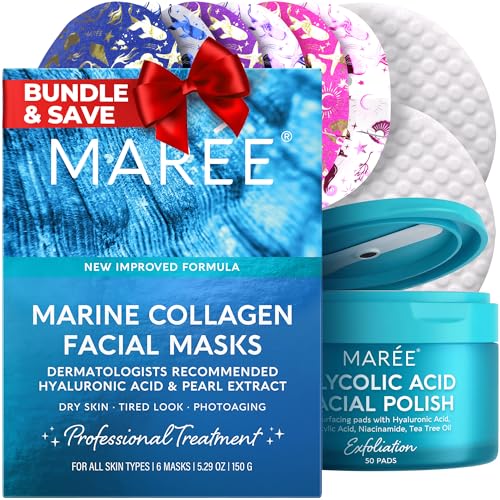 MAREE Bundle - Sheet Moisturizing Masks & Glycolic Acid Peel Pads - Collagen & Hyaluronic Acid, Salicylic Acid & Vitamins E, B3, B5 - Hydrating Skin Care Mask & Face Pads with Deep Cleaning Effect