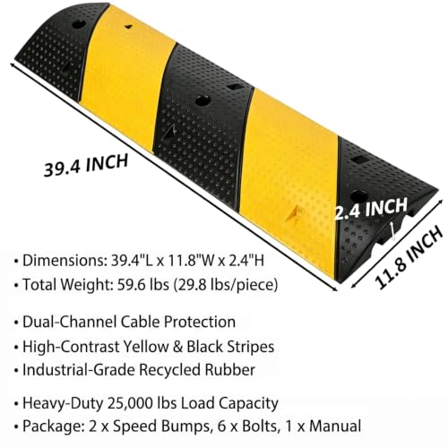 Image of 3.3FT Rubber Speed Bump 2 Pack, Heavy Duty Traffic Calming Ramp for Road 25000 Lbs Capacity, 39.6 Inch Recycled Speed Bump Cable Ramp with 2 Channel for Driveway Asphalt Concrete Gravel Road | 2 Pack, 25,000 lbs Heavy Duty Industrial Grade Ramp with Dual Cable Channels for Parking Lots HOA Communities School Zones