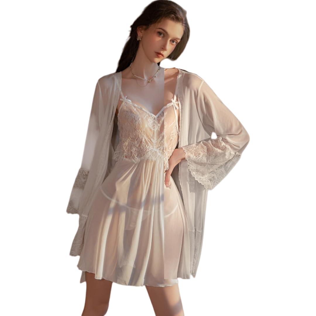Bata Sexy Mujer Conjunto De Camisón/Bata Transparente De Encaje De Malla Calada con Abertura Frontal