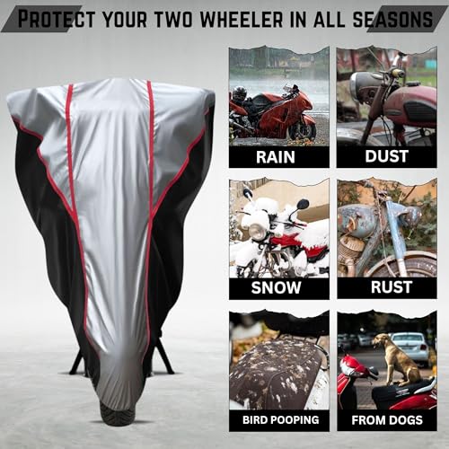 Image of Taffeta Bike Cover Premium Waterproof, Dustproof & UV Protected Two-Wheeler Body Shield | Heavy-Duty, All-Weather Protection | Universal Fit for Motorcycles & Scooter (Black Top Silver Pipe)